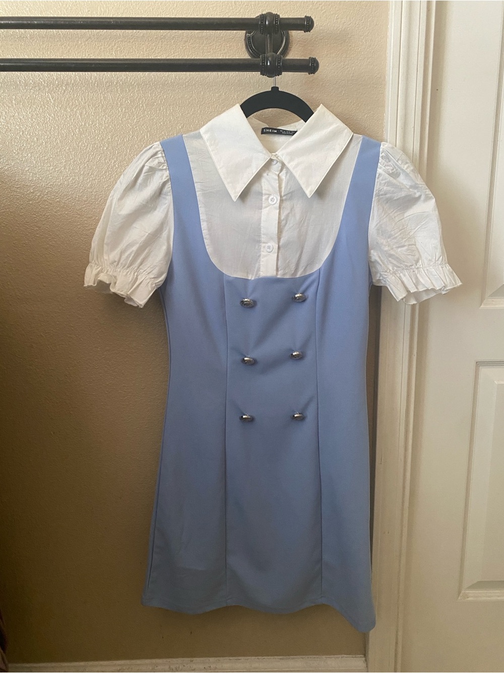 Light Blue Double-Breasted Mini Dress with White Blouse Overlay